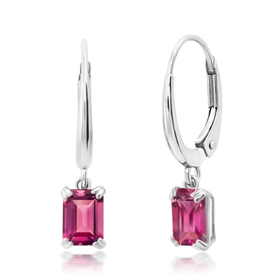Nicole Miller 10k White Or Yellow Gold Emerald Cut 6x4mm Gemstone Dangle Lever Back Earrings With Push Backs In Pink