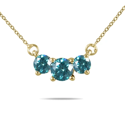 Monary 1 Carat Tw Blue Diamond Three Stone Pendant Necklace In 14k Yellow Gold