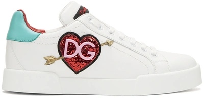 Dolce & Gabbana Glitter Heart Logo Leather Sneakers In White