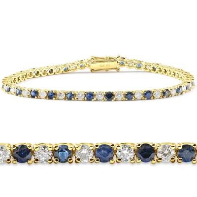 Pompeii3 5ct Blue Sapphire & Diamond Genuine Tennis Bracelet 14k Yellow Gold In Silver