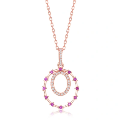 Simona Sterling Silver Rose Double Circle, Ruby Cz Pendant - Rose Gold Plated In Pink