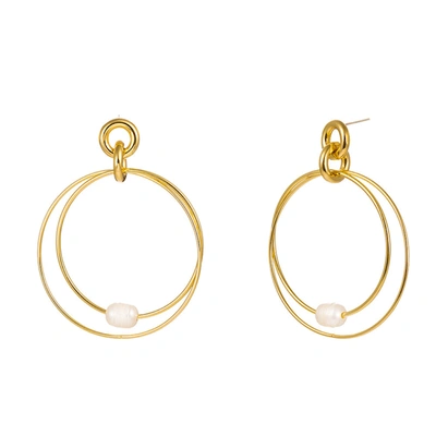 Liv Oliver 18k Gold Double Ring Pearl Earrings