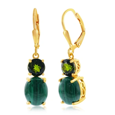 Simona Sterling Silver Oval Malachite W/ Round Chrome Diopside Earrings - Gold Plated In Green