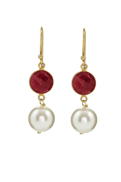 Liv Oliver 18k Gold Plated Ruby & Pearl Drop Earrings In Red