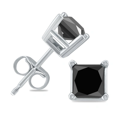 Monary 1 Carat Tw Princess Square Black Diamond Solitaire Earrings In 10k White Gold In Silver