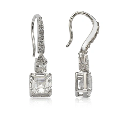 Suzy Levian Sterling Silver Cubic Zirconia Asscher-cut Petite Dangle Earrings In White