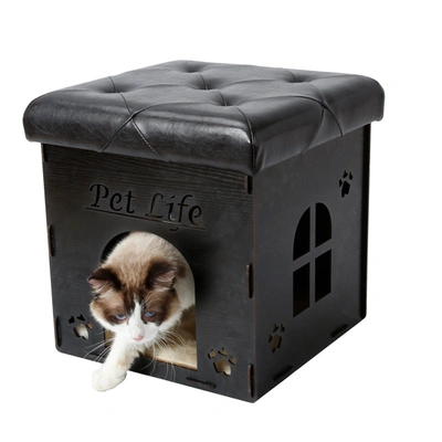 Pet Life 'kitty Kallapse' Collapsible Folding Kitty Cat House Tree Bed Ottoman Bench Furniture In Black