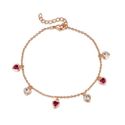 Rachel Glauber Ra 18k Rose Gold Plated With Ruby & Diamond Cubic Zirconia Heart Dangle Charm Adjustable Bracelet In Red