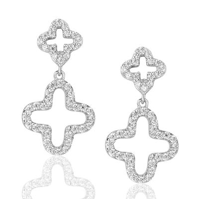 Suzy Levian Cubic Zirconia Sterling Silver Double Clover Dangle Earrings In White