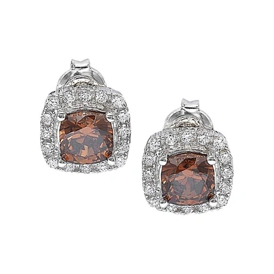 Suzy Levian Cubic Zirconia Sterling Silver Princess Diana Stud Earrings In Brown