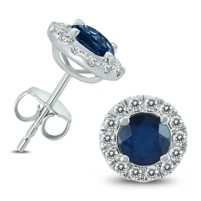 Monary Genuine 1 3/4 Carat Tw Natural Sapphire And Real Diamond Halo Earrings In 14k White Gold In Silver