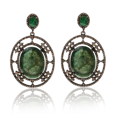 Bavna Sterling Silver, Emerald 35.22ct. Tw. And Diamond 4.90ct. Tw. Drop Earrings In Green