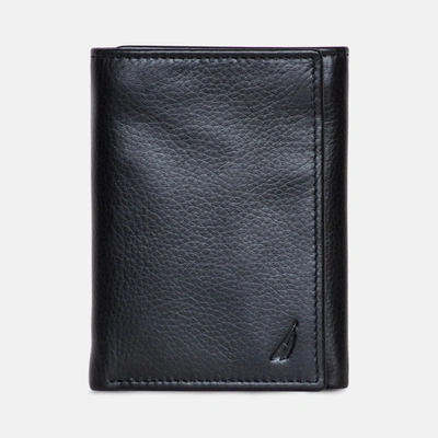 Nautica Mens Leather Trifold Passcase Wallet In Black