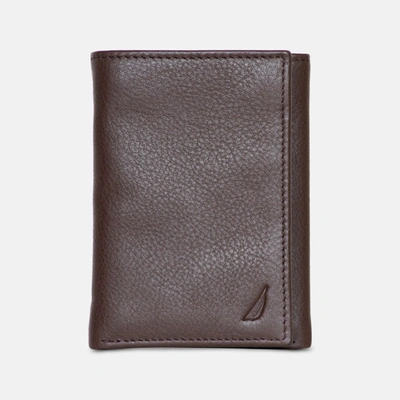 Nautica Mens Leather Trifold Passcase Wallet In Brown