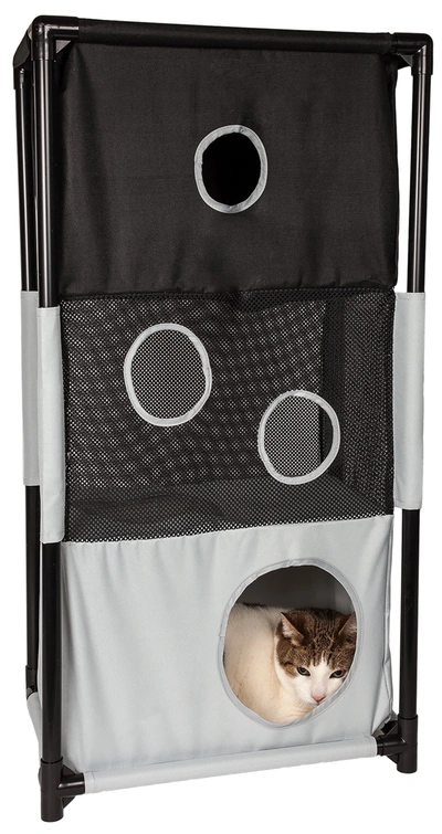 Pet Life 'kitty-square' Collapsible Travel Interactive Kitty Cat Tree Maze House Lounger Tunnel Lou In Black