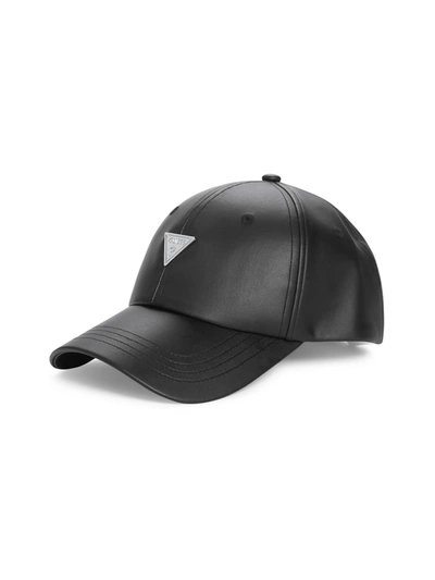 Guess Factory Faux-leather Logo Emblem Baseball Hat In Black