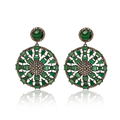 Bavna Sterling Silver, Emerald 15.28ct. Tw. And Diamond 2.26ct. Tw. Drop Earrings In Green