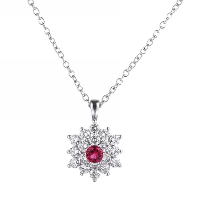 Ballstudz Silver Tone Cubic Zirconia Flower Pendant Necklace In Red