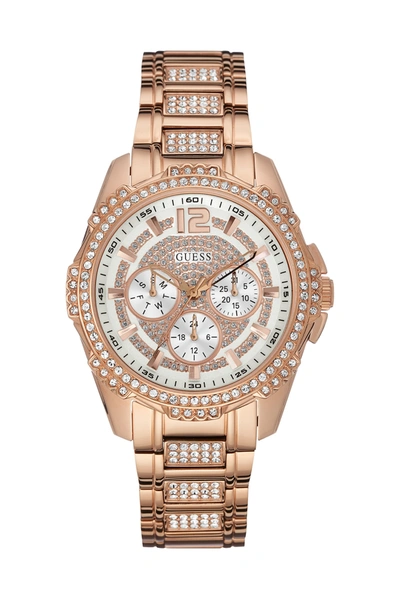 Guess Factory Rose Gold-tone Multifunction Crystal Watch In Beige