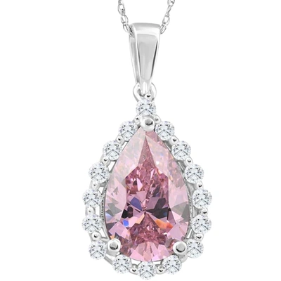 Pompeii3 3 1/2ct Pink Topaz & Diamond Halo Pendant 10k White Gold Womens Necklace 1" Tall In Silver