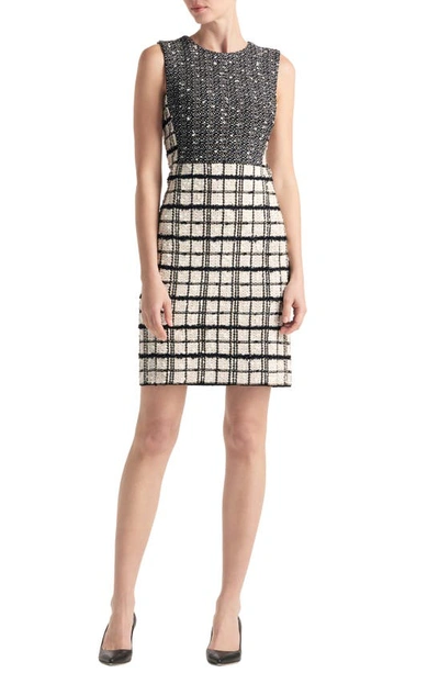 St. John Multi Slub Plaid And Tweed Sleeveless Dress In Ecru Black