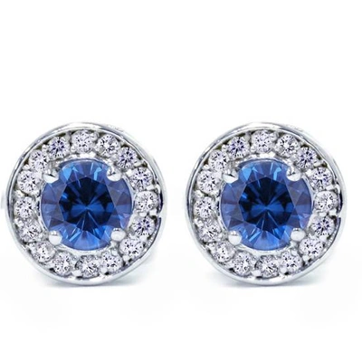 Pompeii3 5/8ct Halo Diamond Blue Sapphire Studs 14k White Gold