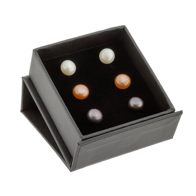 Splendid Pearls 14k Gold - 3 Pairs Of 7-8mm Freshwater Pearls In Black