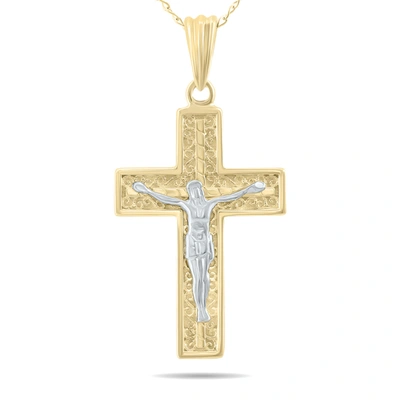 Monary Crucifixion Cross Pendant Necklace With 18 Inch Chain In 10k Yellow Gold And White Rhodium Polish