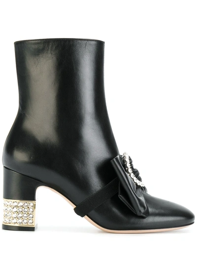 Gucci Leather Ankle Boot With Removable Leather Bow In Black