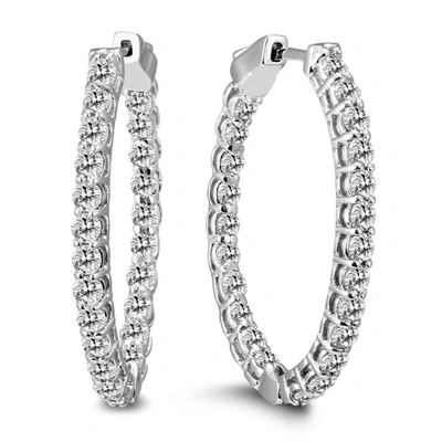 The Eternal Fit 2 Carat Tw Oval Diamond Hoop Earrings With Push Button Locks In 14k White Gold In Silver