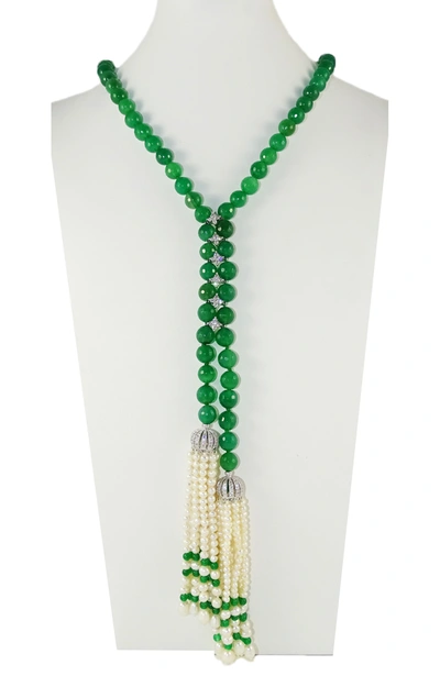 Savvy Cie Jewels 48" Green Agate And Cultured Pearl Tassel Necklace Embelished With Cz Stations