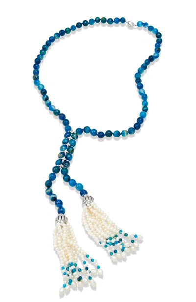 Savvy Cie Jewels 48" Green Agate And Cultured Pearl Tassel Necklace Embelished With Cz Stations In Blue