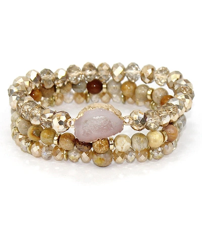 A Blonde And Her Bag Multi Glass And Gold Beaded Stretch Bracelet With White Druzy - Set Of 3 In Silver