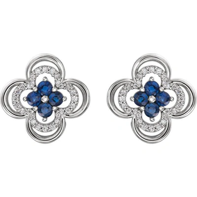 Pompeii3 .70ct Diamond & Blue Sapphire Clover Studs Earrings 14k White Gold