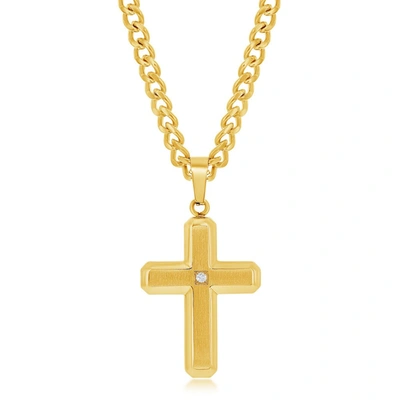 Blackjack Stainless Steel Brushed & Polished W/ Single Cz Cross Necklace - Gold Plated In White