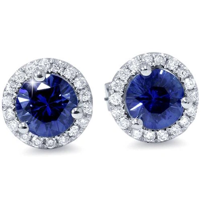 Pompeii3 1 Ct Blue Sapphire Diamond Halo Studs Earrings 10k White Gold