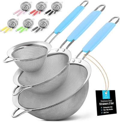 Zulay Kitchen Premium Stainless Steel Fine Mesh Strainer Set In Blue