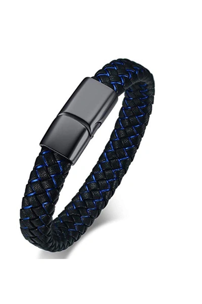 Stephen Oliver Black Plated Blue And Black Leather Bracelet
