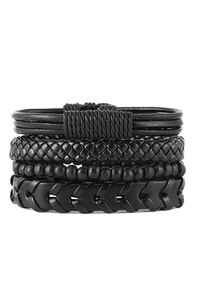 Stephen Oliver Set Of 4 Black Leather Woven Bracelets