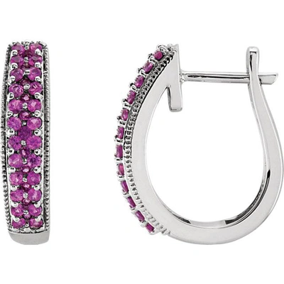 Pompeii3 7/8ct Genuine Pink Sapphire Pave Hoops 14k White Gold 18.5mm Tall In Purple