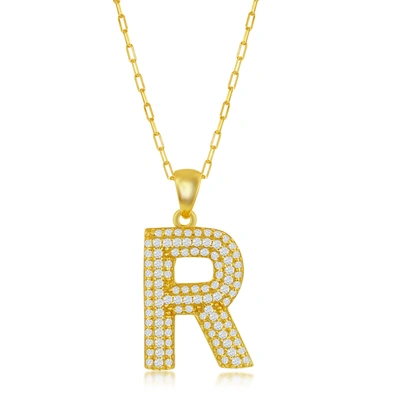 Simona Sterilng Silver Micro Pave Cz 'j' Block Initial W/ Paperclip Chain - Gold Plated In Yellow