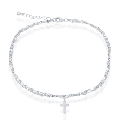 Simona Sterling Silver Double Strand Mirror Chain W/ Cross Charm Anklet - Gold Plated