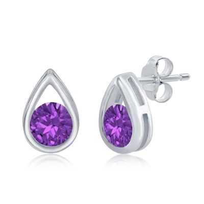 Simona Sterling Silver Pearshaped Earrings W/round 'february Birthstone' Gemstone Studs - Amethyst In Purple