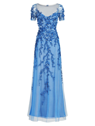 Theia Margaret Beaded Applique A-line Gown In Cornflower Blue