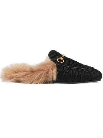 Gucci Princetown Lamb Fur Slippers In Black