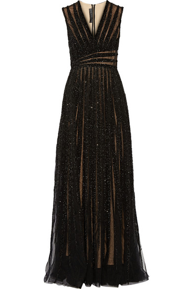 Elie Saab Beaded Tulle Deep-v Gown In Black | ModeSens