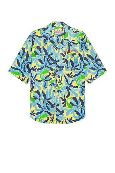 Marni X No Vacancy Inn Fish-print Linen-blend Shirt In Powder_blu