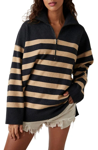 Free People Coastal Stripe Pullover In Carbon Camel Combo