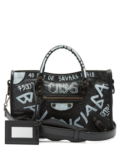 Balenciaga Classic City Graffiti Small Leather Tote In Black / White