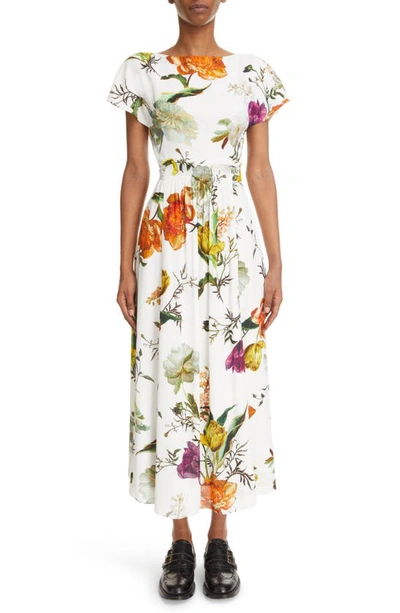 Erdem Fraser Floral Print Cap Sleeve Dress In White